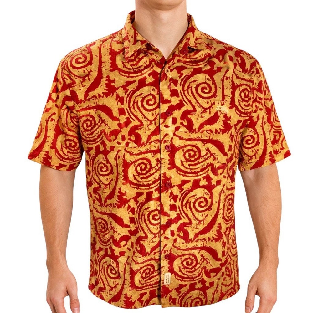 Nautica Jeans Co‎ Hawaiian Aloha Shirt MediumTribal Abstract Pattern Red Orange